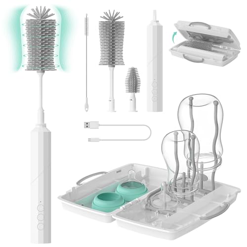 Image of 7 in 1 Electric Baby Bottle Brush Kit - Brush Handle Rotated 90°Design, Silicone Bottle Brush, Nipple Cleaner Brush, Straw Brush, Drying Rack for Home and Travel Better Cleaning