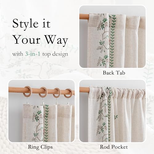 Image of MYSKY HOME Boho Curtains for Bedroom 63 Inch Long Linen Blended Semi Sheer Back Tab Drapes Leaf Bird Bohemian Style Texture Window Treatment for Living Room Decoration, 2 Pcs, Green, 50 inch Wide