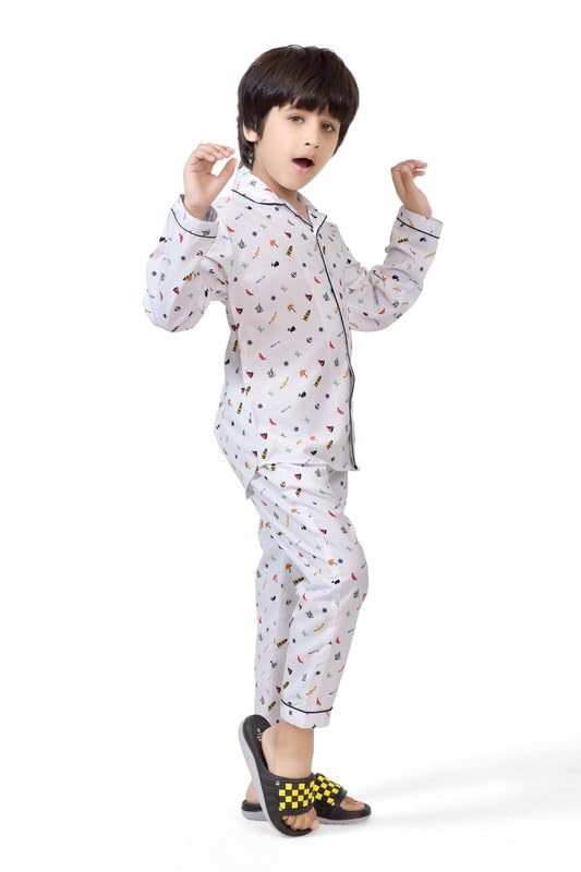 CLUB96 Boys' Cotton Night Suit Set | White Full Sleeve Shirt & Pyjama with Multicolor Fun Print | Kids Sleepwear | Soft & Stylish Night Dress for Boys (2-15 Years) 1