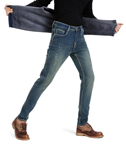 Men’s Fleece Lined Jeans Athletic Taper Stretch Thermal Pants Ripped Distressed Patched
