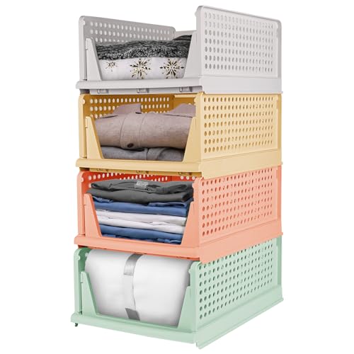 Glovios Set of 4 Foldable Storage Boxes, Stackable Drawer Organiser for Cupboards, Kitchen, Bathroom, Office (Colourful)