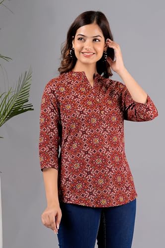 Image of Women's Cotton Printed Kurta Top | 3 /4 Sleeve Straight Kurti Casual Outings