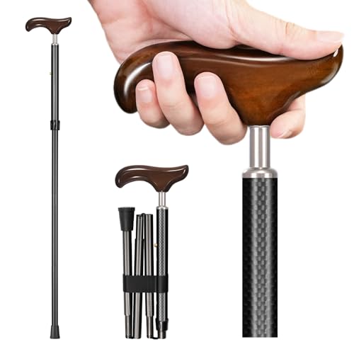 Wooden Handle Walking Cane - Carbon Fiber, Foldable and Adjustable, for Men and...