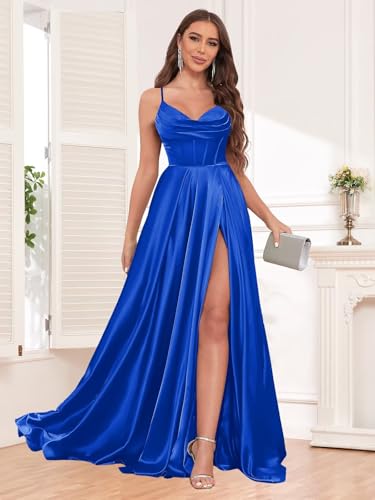 Spaghetti Straps Prom Dresses for Women with Slit Pockets Pleated A-Line Satin Corset Formal Party Gown3