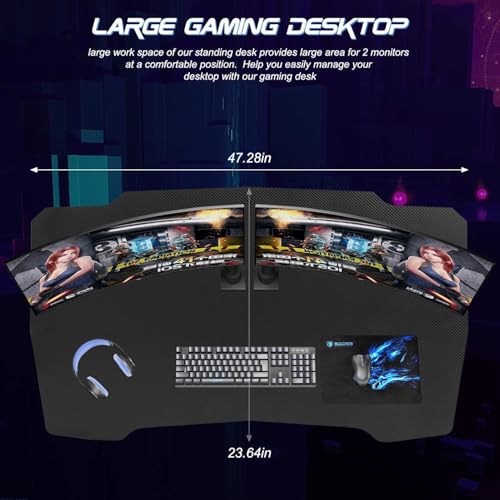 Image of 47 Inch Modern Gaming Desk for Home Office, Z Shaped Computer Desk for Teen, Large PC Gaming Table Adjustable Feet with Headphone Hook & PVC Surface
