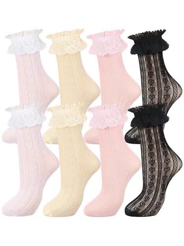4 Pairs Women Lace Ruffle Frilly Ankle Socks Women Lace Socks Cute Dress Socks for Women Princess Accessories(Black, White, Pink, Light Yellow,7-11)