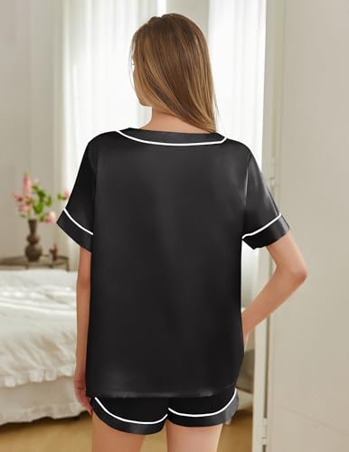 Image of Silk Pajamas for Women Short Sleeve Satin 2 Piece Pj Set Soft V Neck Sleepwear Loungewear, S-XXL