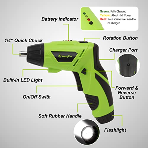 Yougfin Electric Screwdrivers, 3.6V Small Cordless Screwdriver Tool Set With Bright Led Light & Flashlight, 2 Position Handle, Rechargeable Screwdrivers For Home Diy #TOP5