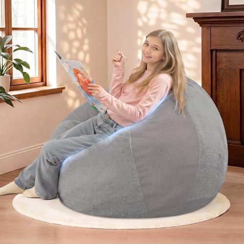 Image of HABUTWAY 2FT Bean Bag Chair Teardrop Bean Bag Chairs for Adults beanbag with Memory Foam Filled with Dual-Tone Unique Combination Corduroy & Luxury Distressed Velvet Washable Cover,Corduroy Dark Grey