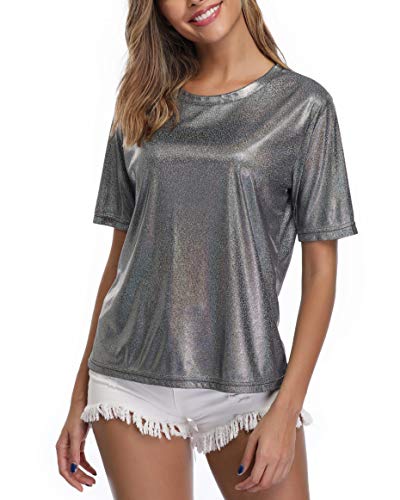 andy & natalie Women's Shiny Top Holographic Metallic Shirt Shimmer Sparkles Glitter Blouse