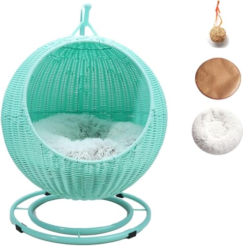 Hubiuyo 猫ちぐら 編み籠 猫 籐 猫ハンギング ハウス 2in1 ドーム型 猫小屋スイング プラスチック藤編み キャット ハウス 通気性 通年利用 ペットベッド ラタンかご ウレタンクッション付き 洗濯可能 お洒落 寝台 休憩所 おしゃれ 籐製 大