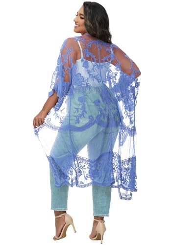 Image of Anna-Kaci Women's Plus Size Lace Cardigan Embroidered Long Kimono Dusters with Half Sleeves