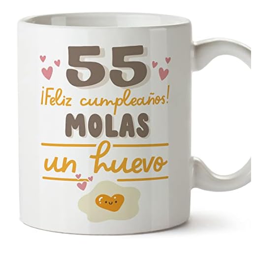 MUGFFINS Tazas 55 Cumpleaños - En Español - Feliz Cumpleaños Molas un Huevo - 11 oz / 330 ml - Regalo original y divertido