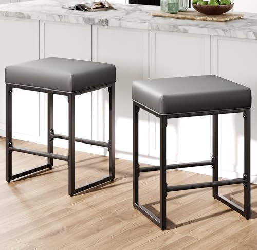 Howjoe 24 Inch Bar Stools Set of 2, Counter Height Bar Stools for Kitchen Island, Synthetic Leather Backless Barstools with Thick Seats & Sturdy Metal Frame, Counter Stool for Kitchen & Bar, Gray