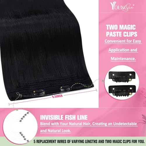 Image of YoungSee Wire Hair Extensions Real Human Hair Jet Black Hair Extensions Wire Black Fish Line Human Hair Extension Long Straight Hair 20In 105G