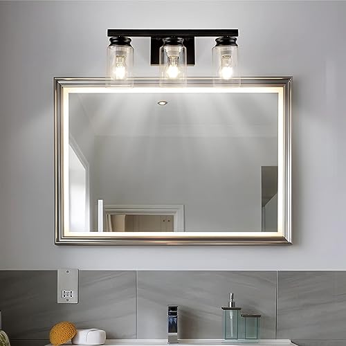 Image of Bathroom Vanity Light, 3-Light Modern Matte Black Wall Sconce Lighting with Clear Glass Shade, Black Wall Lights, Vanity Lighting Over Mirror for Bedroom, Living Room-1Pack