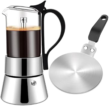 4 Cup 304 Stainless Steel Transparent Glass Moka Pot & 20cm/7.9in Induction Cooker Adapter Plate Stainless Steel Heat Sink