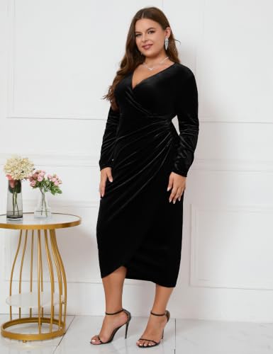 Image of ZOMVA Plus Size Velvet Wrap Dress Ruched Bodycon Dress Long Sleeves Ruffle Long Elegant Party Wedding Guest Cocktail Holiday