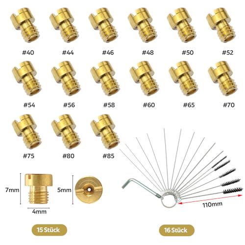 GIONAR 15 Stück Vergaser Düsen Set, M4 Vergaser Hauptdüse 40 44 46 48 50 52 54 56 58 60 65 70 75 80 85 für Dellorto, Bing, GY6, Hercules Prima, Puch, Kreidler, Zündapp, PWK, Keihin PE, CVK Vergaser