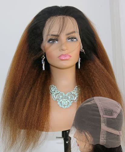 Glueless Full Lace Front Wig Kinky Straight Human Hair Wigs For Black Women Ombre Brown 1b 30 Italian Yaki Hair Pre Plucked Bleached Knots Transparent Lace Brazilian Remy Hair 16 