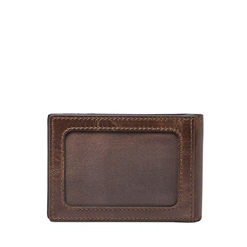 Image of Fossil Men's Derrick Leather Slim Wallet for Men, Minimalist Magnetic Money Clip Bifold Front Pocket Wallet, Dark Brown