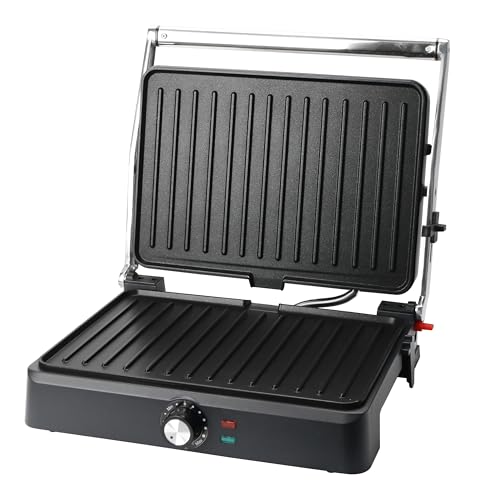 EMERIO Parrilla de contacto Panini Grill Sandwichera Grill de mesa | Superficie de parrilla 34x24 cm | revestimiento antiadherente | 2200 W | apertura de 180° | termostato ajustable | CG-130859