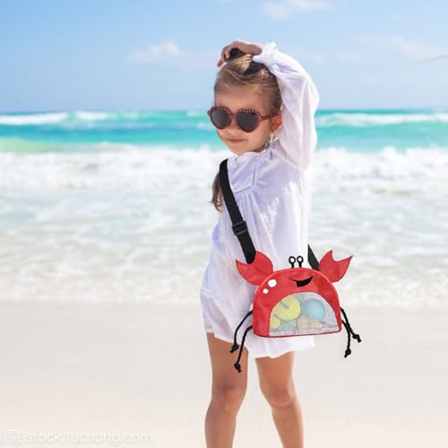 Image of Kids Mesh Beach Bag, Cute Crab-Shaped Seashell Collecting Bag with Adjustable Strap for Holding Shell Beach Toy