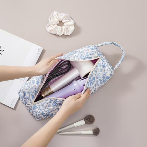 Image of RSRSLEII Quilted Hair Tools Travel Bag,Hair Styling Accessories Storage Case for Shark FlexStyle, Dyson Airwrap Hair Dryer, Curling Iron, Revlon Hair Tools,Portable and foldable(06Blue Flower)