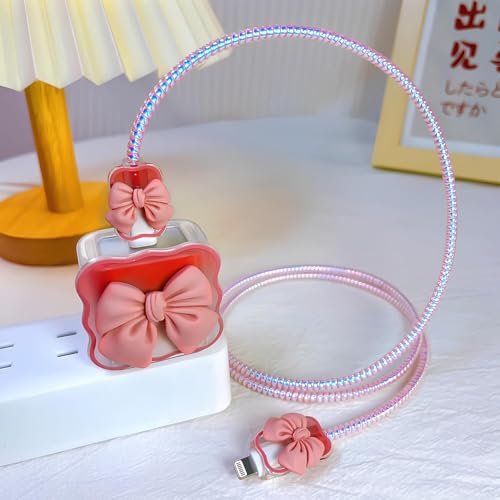 Image of skysia Cute Bow Design 4-in-1 Charger Case | Transparent Cable Protector, Case Cover, and Spiral Cable Protector for Apple 18W-20W USB-C Adapter (Pack of One) (Multi Colored) (Pink)
