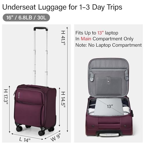 Image of Hanke Softside Expandable Luggage 16 /20 /24 /28 Inch Carry On Luggage for Travel Checked Luggage Suitcases with Wheels & TSA Luggage Large Suitcase, Purple, 16-Inch Underseat, Underseat Carry on Luggage
