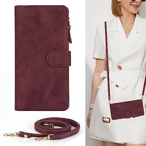 SunYoo for iPhone 15 Pro Max Zipper Wallet Case,[9 Card Holder][Cash Pocket][Wrist Strap] Premium Leather Cover Card Slot Flip Kickstand Lanyard Strap Wristlet for iPhone 15 Pro Max -Wine by SunYoo - Image 3