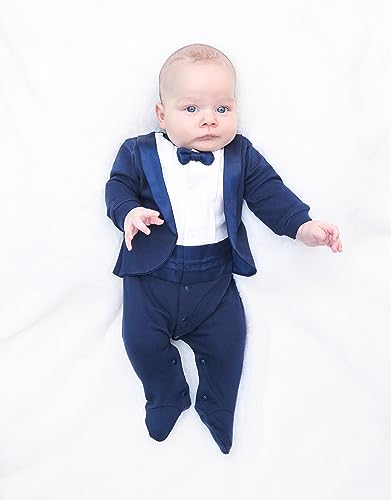 Lilax Baby Boy Gentleman Tuxedo Footie Christmas Holiday Outfit With Bow Tie 3M Navy #TOP6