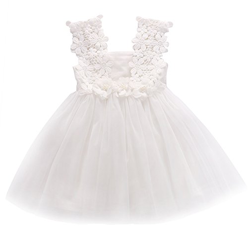 Elegant Feast Baby Girls Princess Lace Flower Tulle Dress 140 (6-7 Years, White)