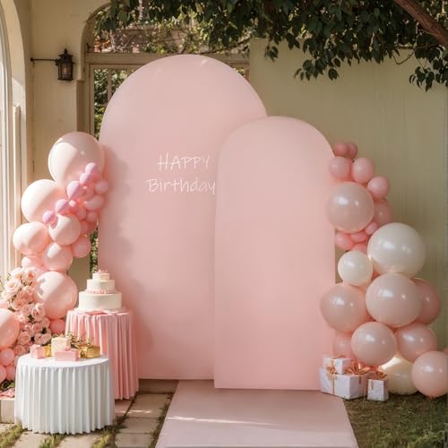 Image of Pink Arch Cover 2 Set - 7.2 and 6ft Pink Arch Backdrop Cover Spandex Wedding Arch Stand Covers for Birthday Party Baby Shower Girls Bridal Shower Photo Balloon Arch Covers Stretchy Backdrop Background