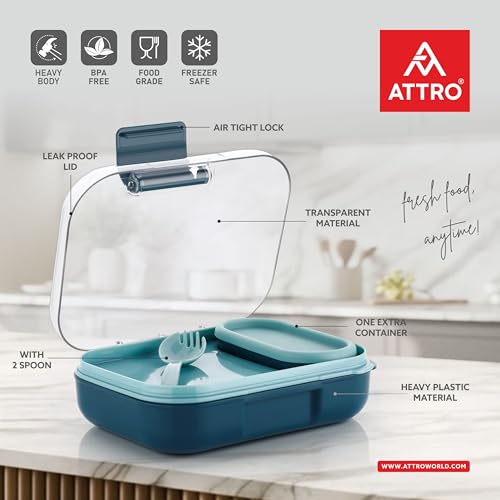 Image of ATTRO Food Bite Kids Plastic Lunch Box 3 Compartments, 1 Small Container & Spoon, with Stylish Lid BPA-Free, Freezer Safe, Ideal for School, Travel & Outdoor - Blue, 500 ml