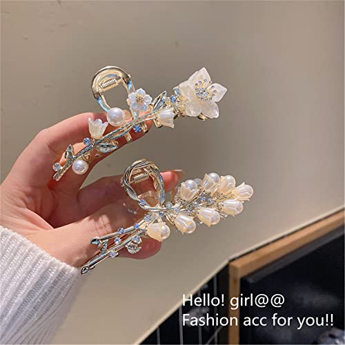 2 Pieces Vintage Metal Rhinestone Hair Claw Clips Butterfly Large Size Shark Jaw Clips Flower Pearl Hair Clasps Accessories For Women Lady 009-03 #TOP1