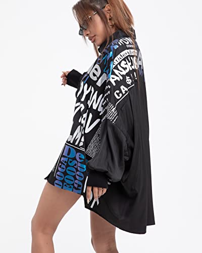 ellazhu Women's Loose Fit Oversized Button-Up Top with Batwing Sleeves High-Low Hem Printed with Newspaper Design GY27492
