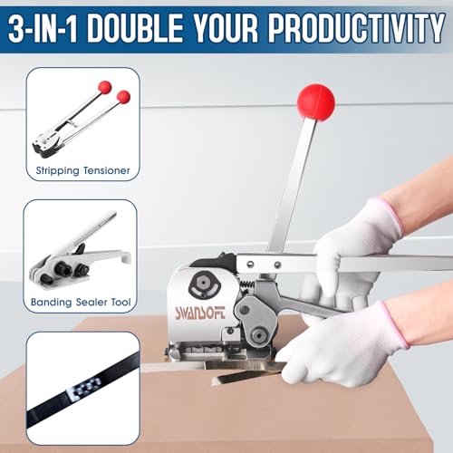 Image of SWANSOFT Steel Banding Strapping Kit Metal Steel Banding Tool Packing | Stainless Manual Packaging Banding Strapping Machine for Width 1 /2 inch 5 /8 inch 3 /4 inch Sealless Combination Tools (No Need Buckle)