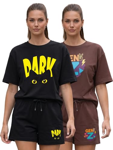 Image of CHKOKKO Cord Set for Women Cotton Blend Co-ord Set Stylish Graphic Printed Oversized T-Shirt Top Half Sleeves and Shorts Set Summer Coord Sets Casual Lounge Wear