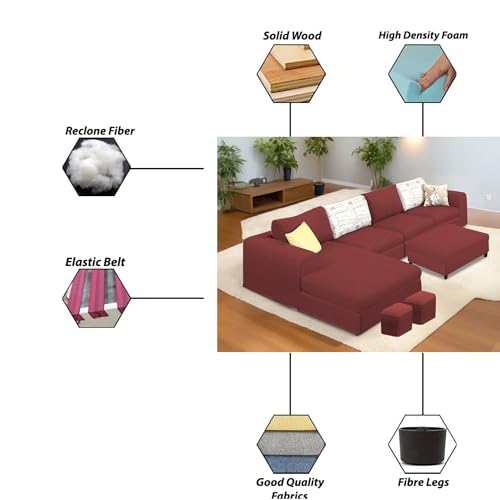 Image of Koza LHS 8 Seater L Shape Sofa Set with Center Table for Living Room (Maroon Fabric) Premium Fabric Sofa