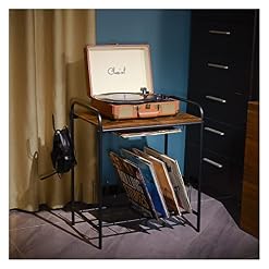 MAWEW Support de tourne-disque vintage en bois, support de platine avec rangement de disques (noir) - Les Beatles, Paul McCartney, John Lennon, RIngo Starr, George Harrison