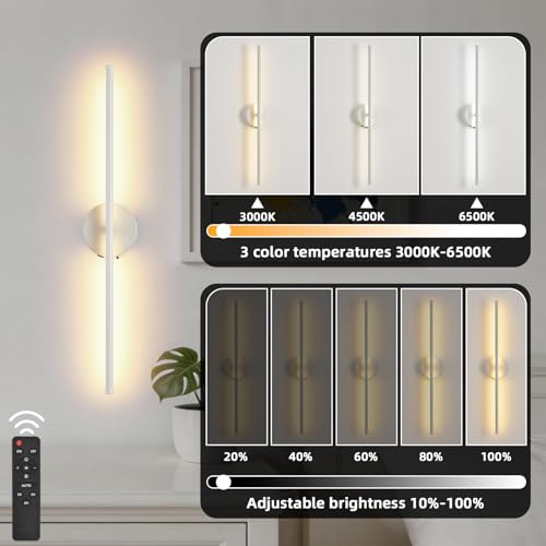 Image of Wall Sconces Battery Operated Set of Two, White LED Wireless Wall Sconce with Remote Control 350 Rotate, 27.6 Inch Dimmable USB Rechargeable Wall Lights for Living Room Bedroom Hallway