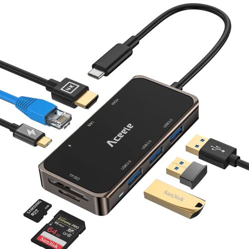 USB C HUB, Aceele Adaptador Tipo C 8 en 1 con HDMI 4K, Gigabit Ethernet, 100W PD Carga Thunderbolt 3, 3 USB 3.0 y Lector SD/TF, para MacBook, DELL, iPad Pro, Google Chromebook Pixel Samsung S20+ Cover