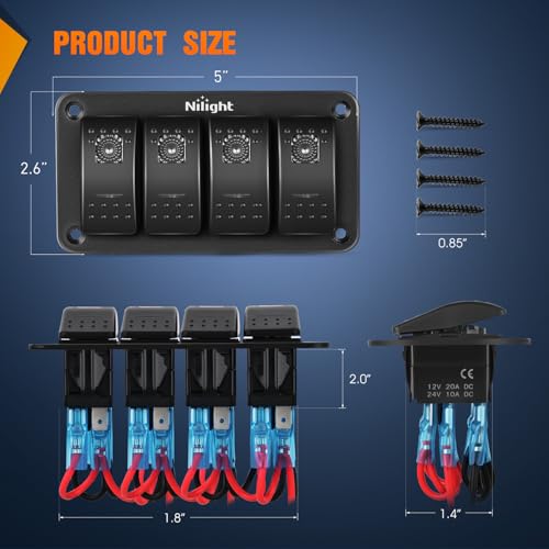 Image of Nilight 4 Gang Rocker Switch Panel w /Purple LED Light 5Pin On Off Pre-Wired