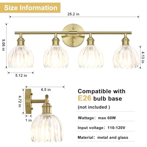 Image of Vintage Bathroom Light fixtures, Gold Vanity Lights, ETL Certified | 25.2 in, Clear Tulip Glass Shade, Hardwired Bathroom Vanity Light, E26 Socket, Bulbs Not Included
