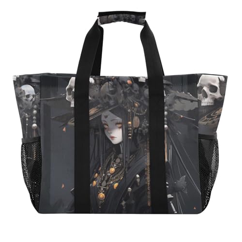 Woman Gothic Hat Skulls Large Tote Bags for Women Canvas Tote Purse Reusable Grocery Bags Top Handle Handbags for Travel, Work