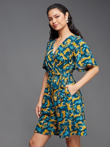 Image of Miss Chase Women's V Neck Half Sleeve Conversational Printed Wrap Knee Long Playsuit