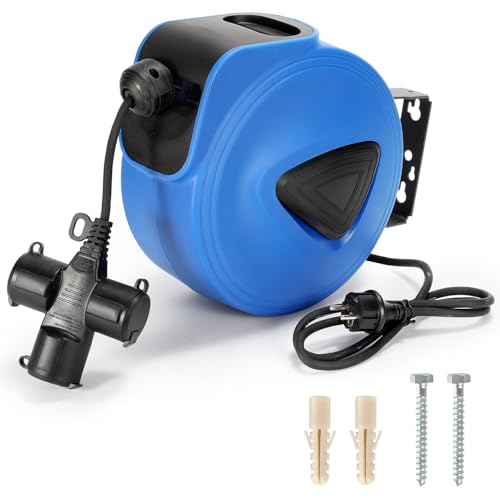 Fiqops Kabeltrommel Automatik 20m +1,5m, Kabelaufroller Wandmontage,180° Seitlich Schwenkbar,Automatische Kabeltrommel für Werkstatt und Ablage,mit Stopfunktion,Kabelaufroller(Dreipoliger Stecker)