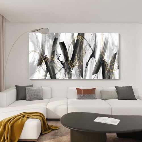 Image of Large Modern Wall Art for Living Room, Bedroom, Office - Black and Gold Wall Pictures Abstract Paintings, Artwork - Black and White Wall Decor, Grey Tone29x58IN