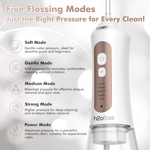 Image of H2ofloss Water Dental Flosser Teeth Pick -Portable Oral Irrigator with 5 Modes, Rechargeable IPX7 Waterproof Orthodontic Teeth Cleaner Pick Cordless for Home Travel-300ml Water Tank (White + Freshening Tablets)